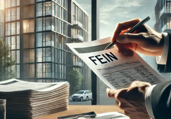 Professional condominium management showing financial documents, a tax form labeled FEIN, and a modern condominium building in the background.